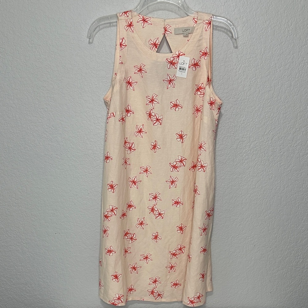 LOFT Midi Dress Linen Blend Sleeveless Shift Red Floral Print Small